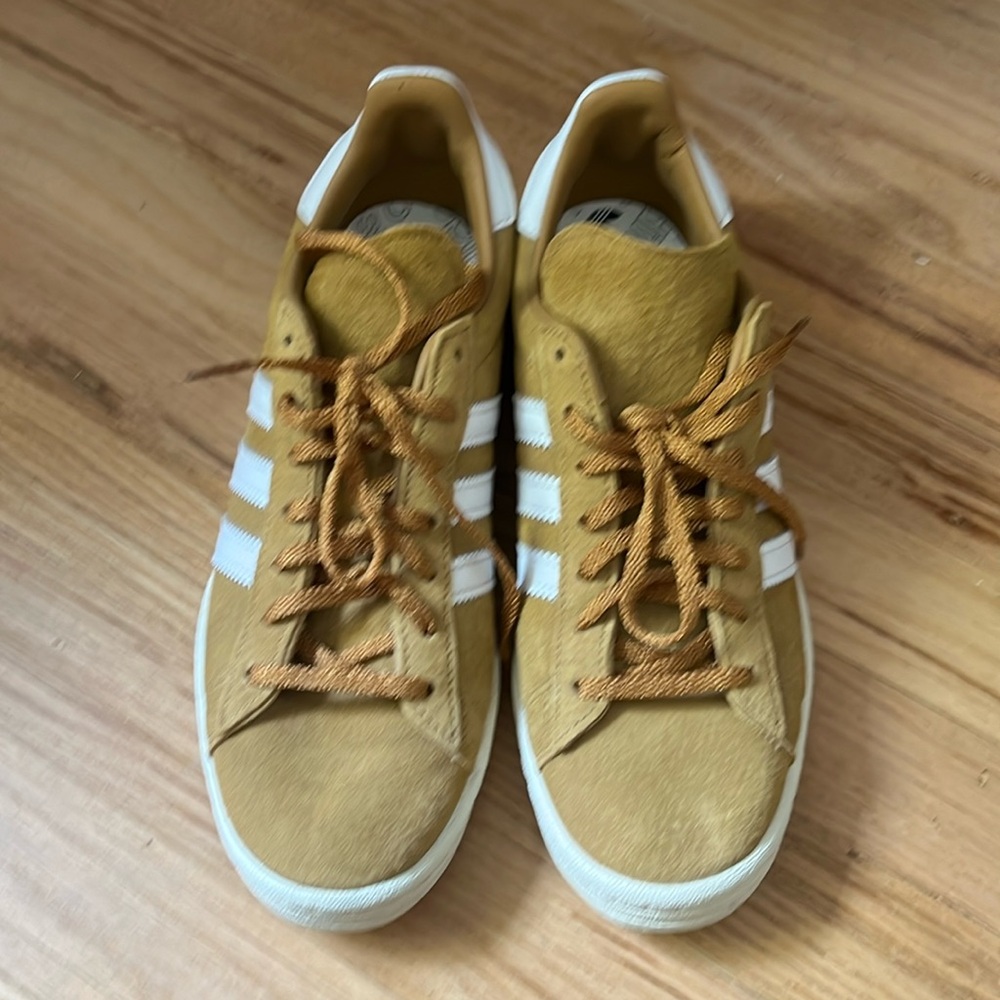 adidas Women's Suede Sneakers in Mustard with White Stripes